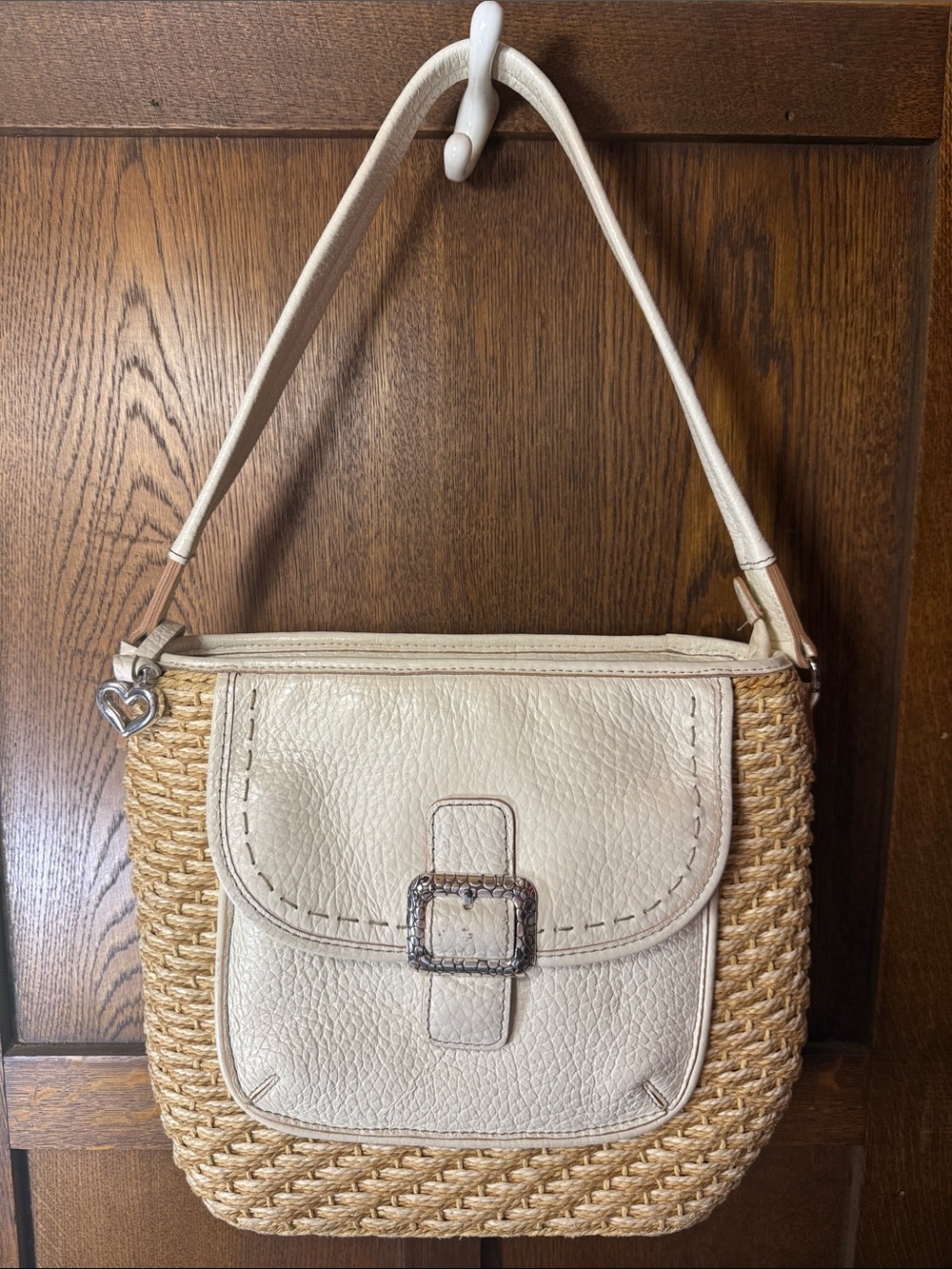 Brighton Straw & Cream Pebbled Leather Shoulder Bag Heart Charm EUC Summer Boho